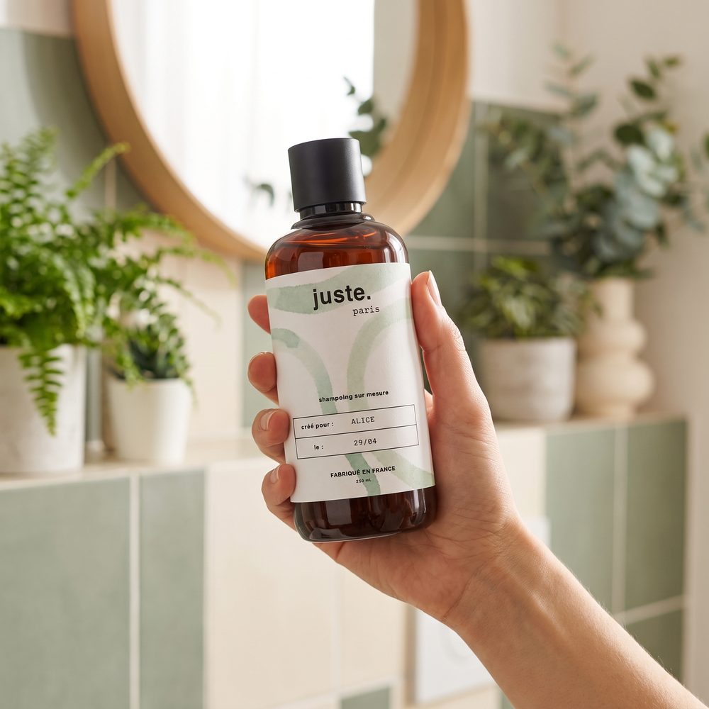 Shampoing sur-mesure Juste tenu en main, étiquette au prénom