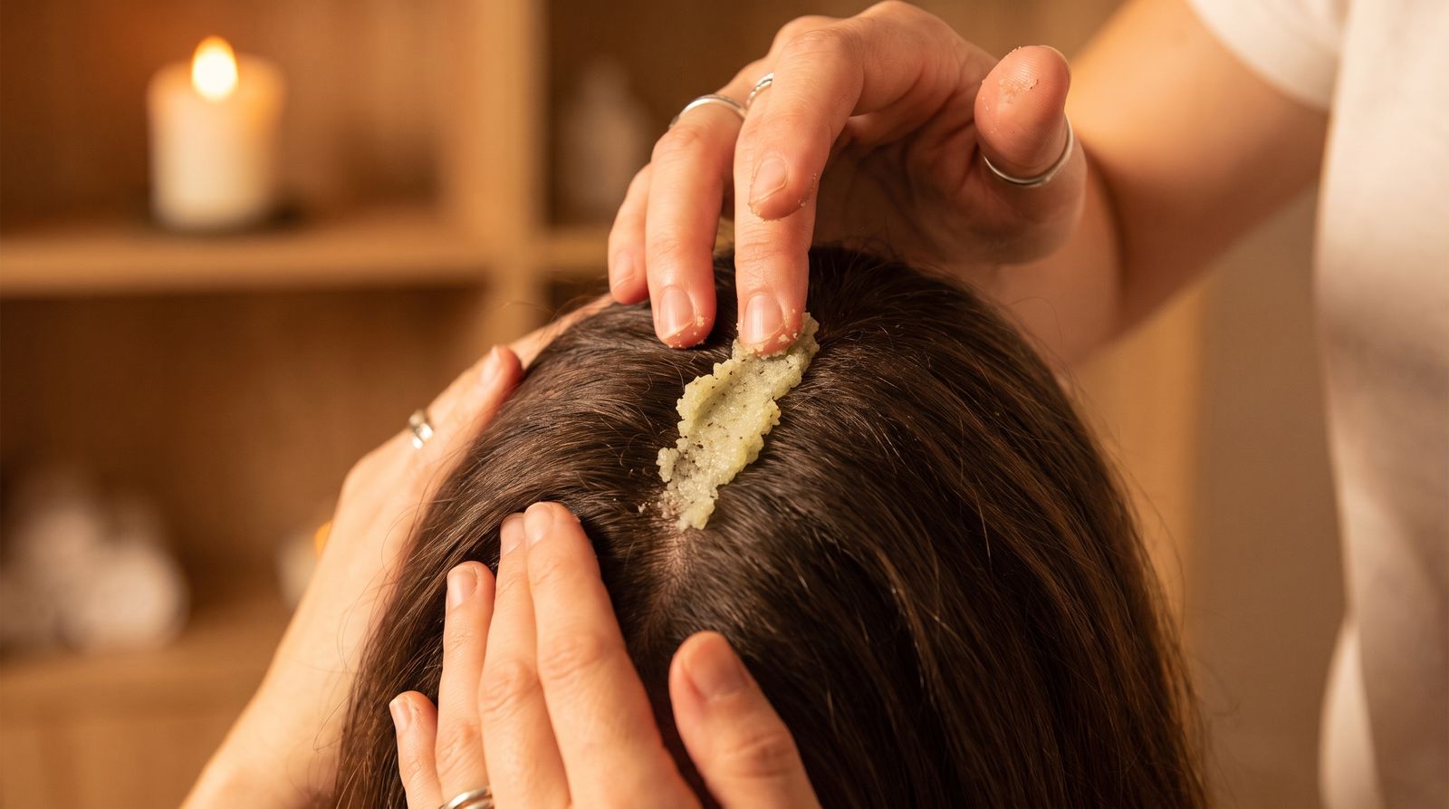 Application d'un gommage du cuir chevelu raie par raie lors d'un head spa