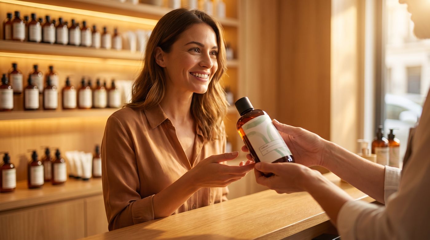 Cliente repartant du salon avec son produit head spa : la revente à domicile