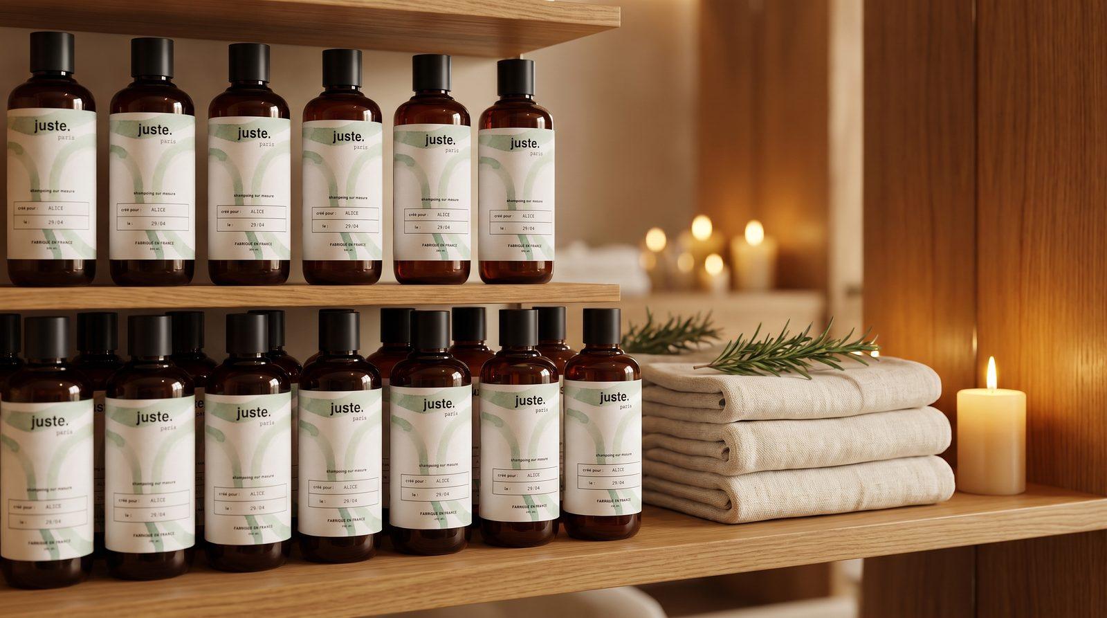 Gamme de produits head spa alignés sur une étagère de revente en salon