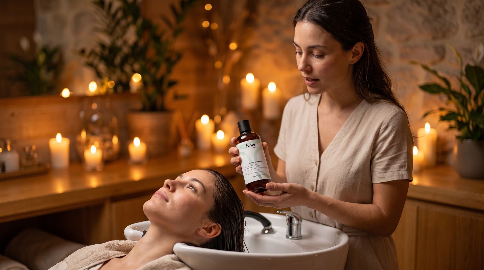 Praticienne recommandant un produit head spa &agrave; sa cliente pendant le soin